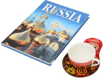 Набор «Моя Россия»: чайно-кофейная пара «Матрешка, хохлома» и книга «Россия» на англ. языке
