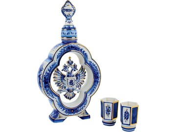 Набор: штоф для водки с двумя стопками «Герб России», белый/синий